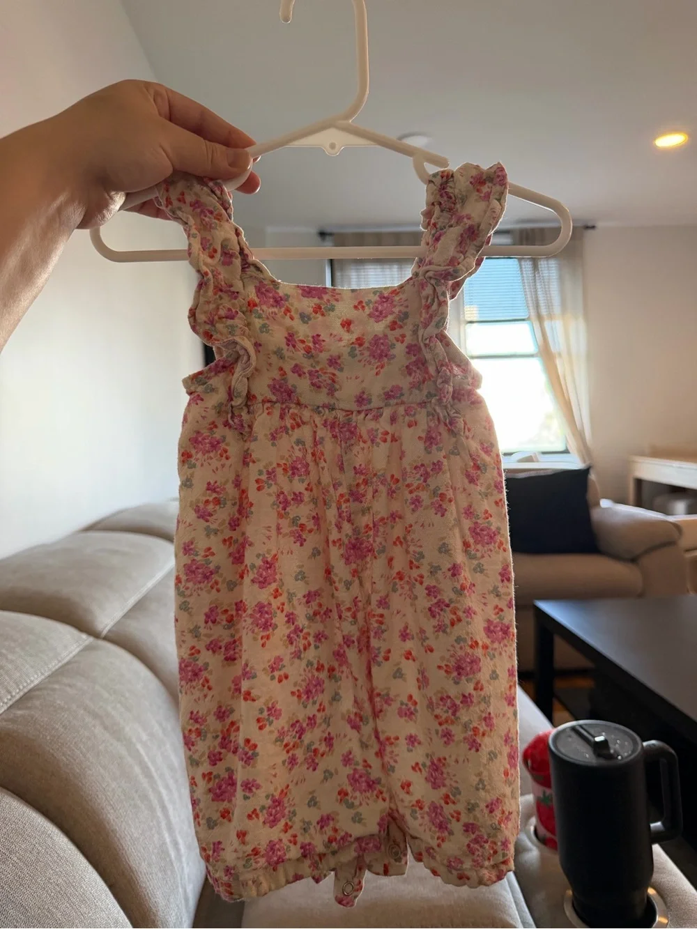 Baby GAP Girls Floral Ruffle Romper - Cream with Pink Flowers 100% Linen